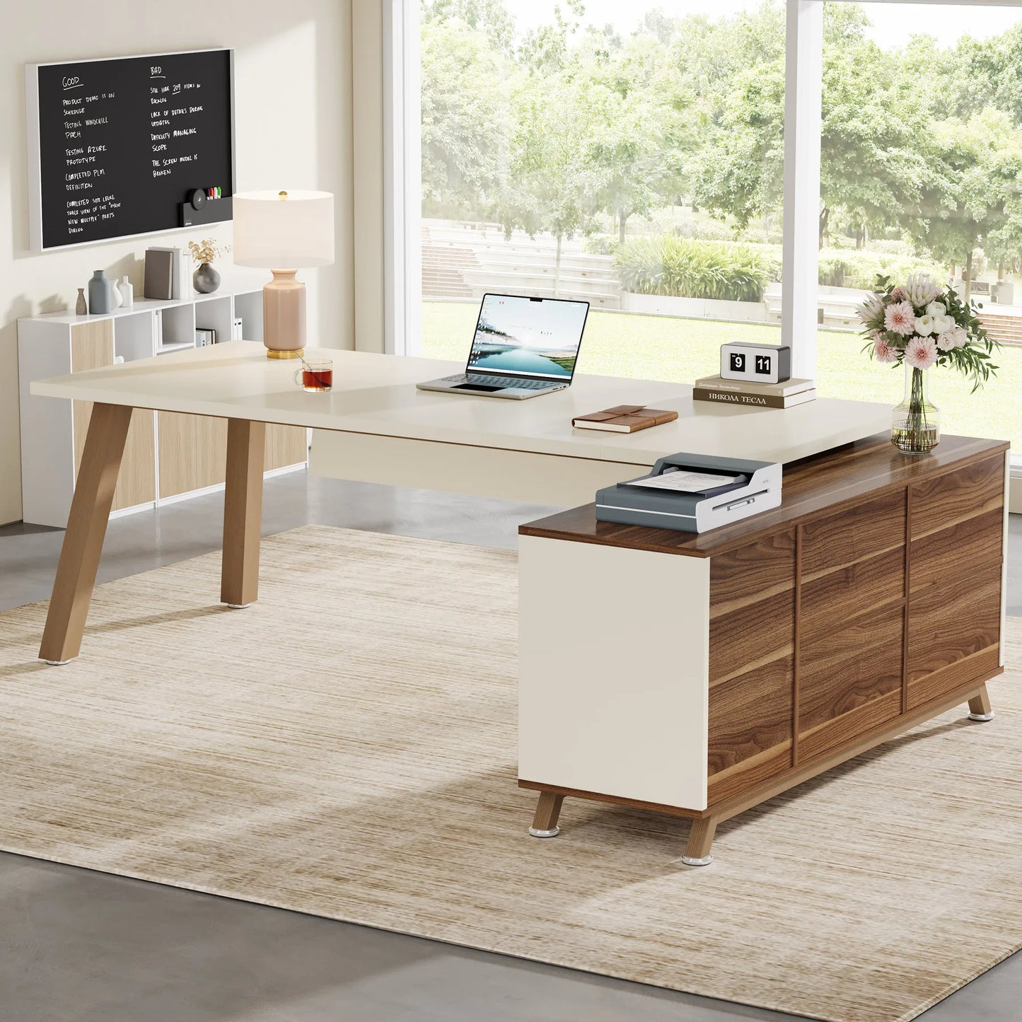 Tribesigns Executive L-Shaped Desk With Cabinet And Storage Shelves