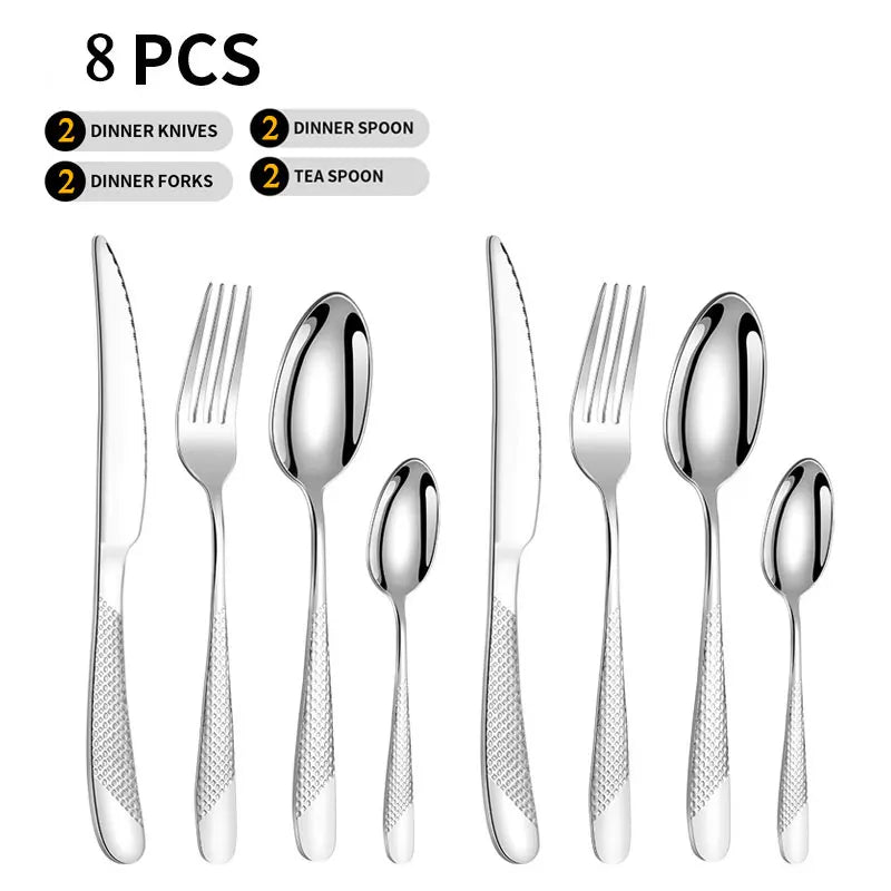 Pioggia Stainless Steel Cutlery Set For Four Person Everyday Dining With Silver Gold Coating And Mirror Bullion Finish