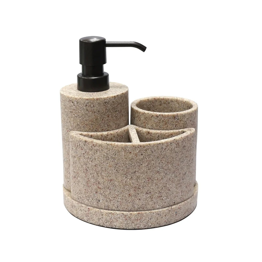 3 Piece Sandstone Bath Accessory Set Soap Pump Toothbrush Holder Tumbler Durable Resin Bathroom Organizer Essential Home Decor