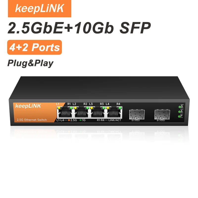 KeepLiNK Six Port Multi Gig Unmanaged Ethernet Switch With Four 2 Point 5 Gb RJ45 Ports And Two 10 Gb SFP Plus Uplinks