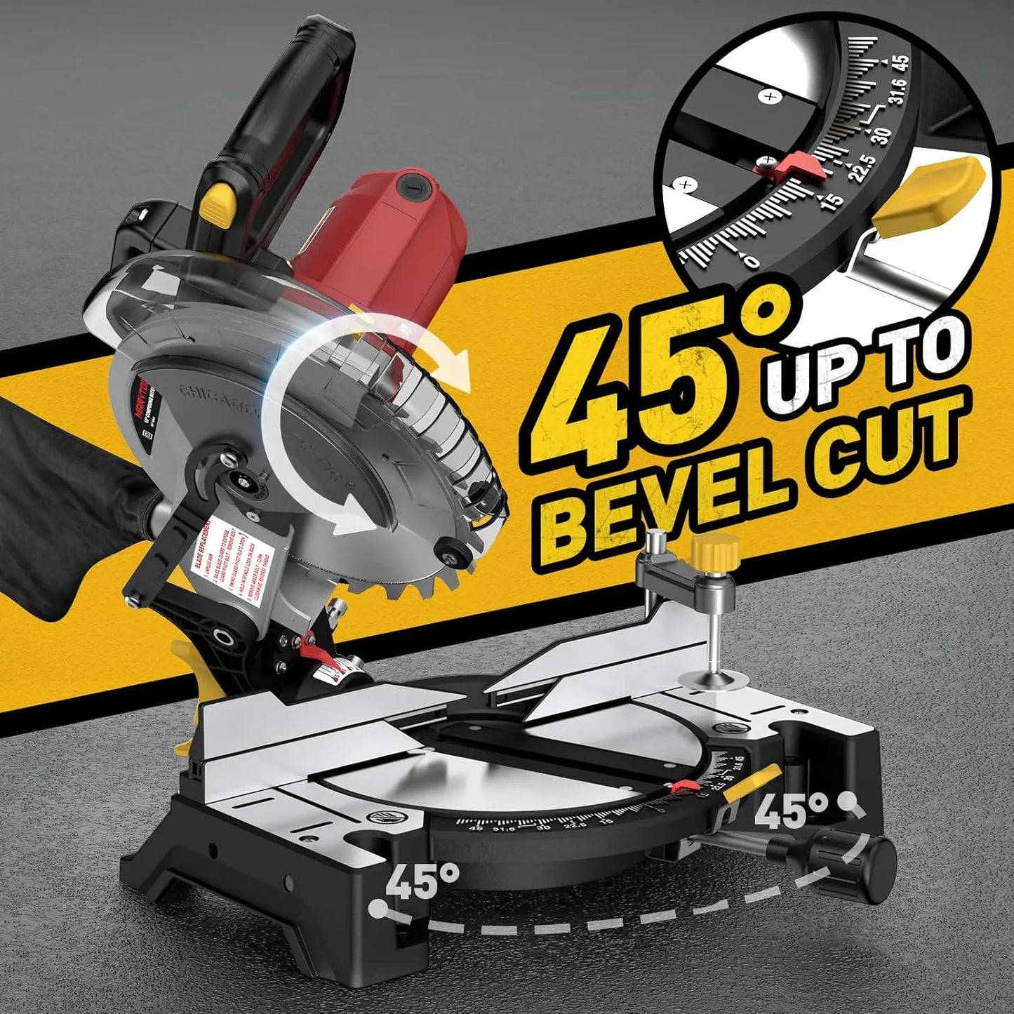 Marvtool Compound Miter Saw 15 Amp 5000 RPM 0 to 45 Degree Left Bevel Cutting Tool For Metal Plastic Wood Laminates
