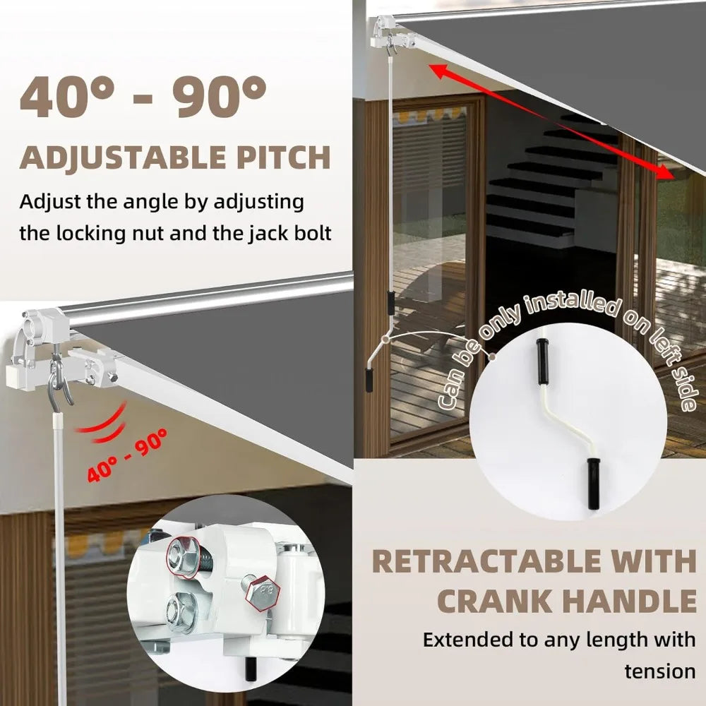 Manual Retractable Patio Awning With Crank Handle For Adjustable Sun Shade 40 To 90 Degrees