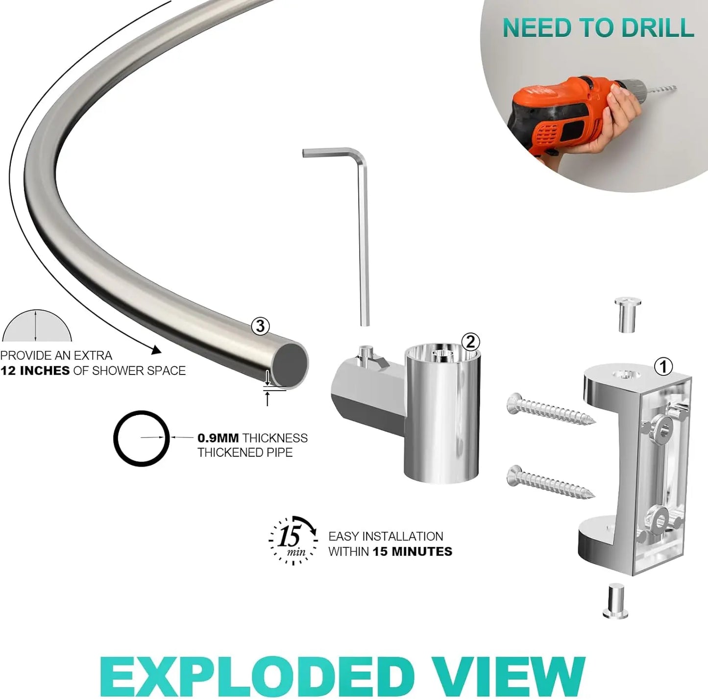 Curved Shower Curtain Rod Wall Mounted Adjustable Metal For Bathroom