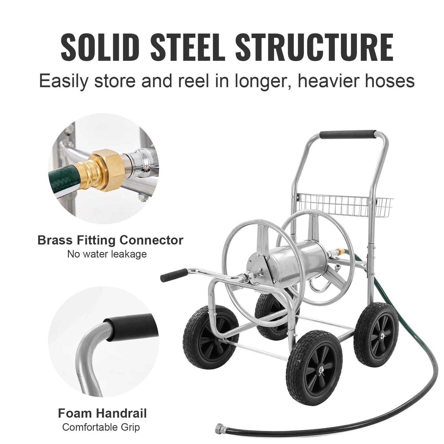 Heavy Duty Hose Reel Cart With Basket For 250 Ft Metal Garden Hose Carrier Durable Steel Frame