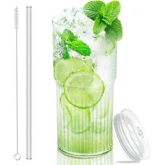 High Borosilicate Glass Cups With Lids And Glass Straws For Tumblers Ideal For Coffee Tea Juice Smoothies And Hot Drinks