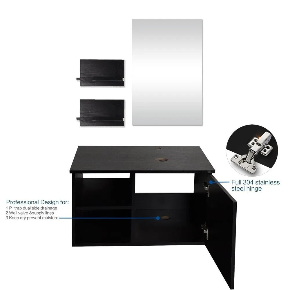 28'' Floating Bathroom Vanity Black Cabinet with Sink Vessel Side Shelves Mirror