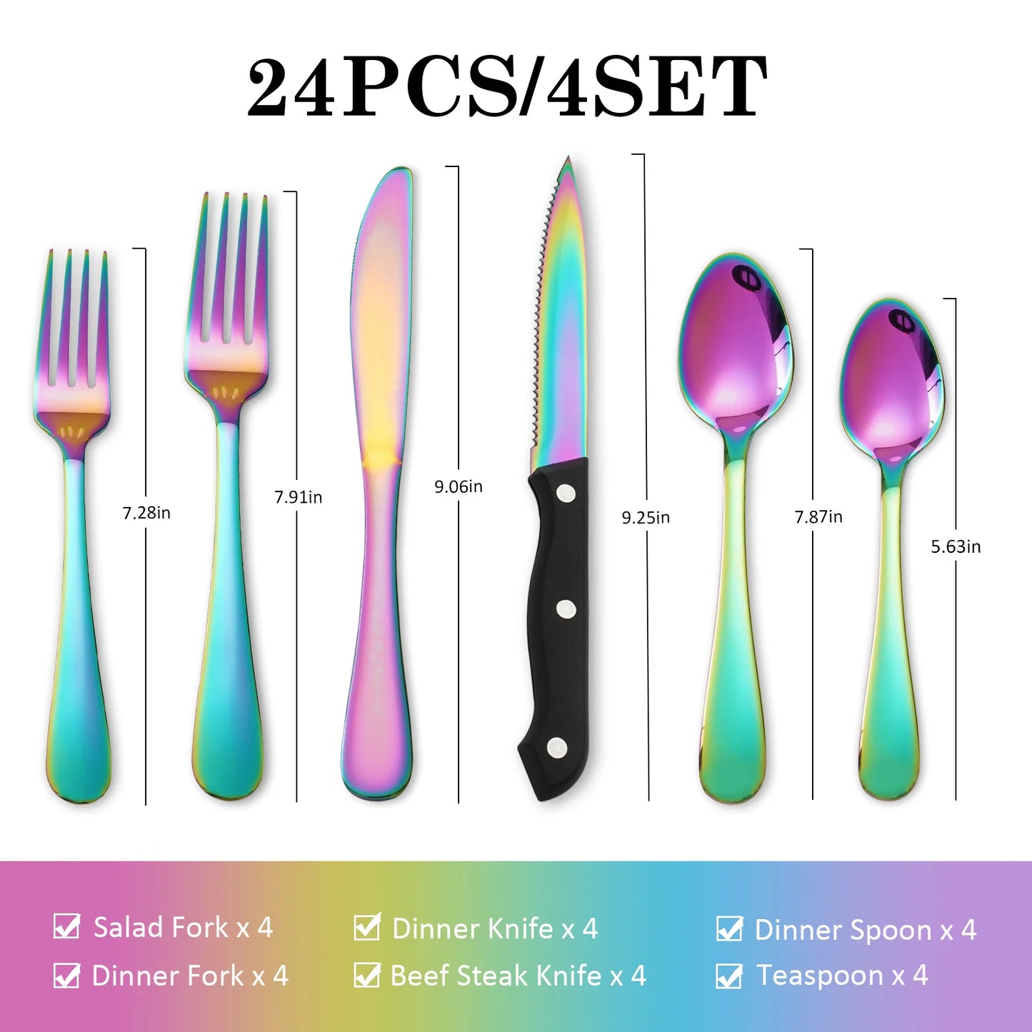 KOOMADE 24 pcs rainbow  Silverware Set Service For 4 Stainl Steel Flatware Serving Set Cutlery Set Knife Fork And Spoon
