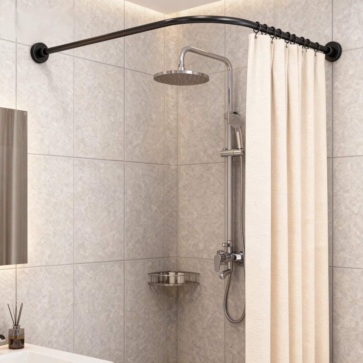 Telescopic L-Shape Shower Curtain Rail No-Drilling Corner Install Stainless Steel
