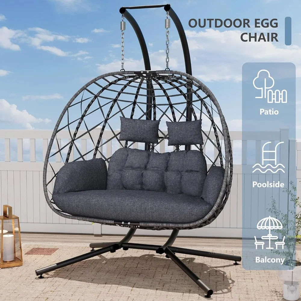 Double Egg Swing Chair With Stand Cushioned Outdoor Indoor Hammock For Two People