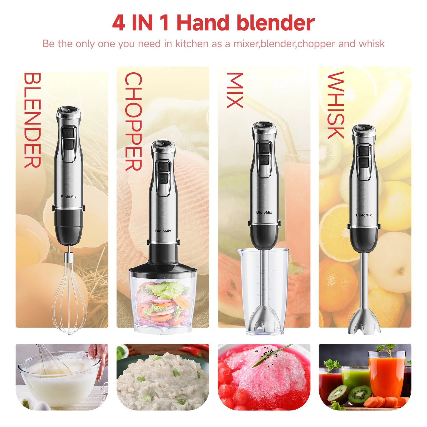 Biolomix 4 In 1 1200W Immersion Hand Blender With Chopper 6 Speeds Turbo Kit Includes 600ml Beaker