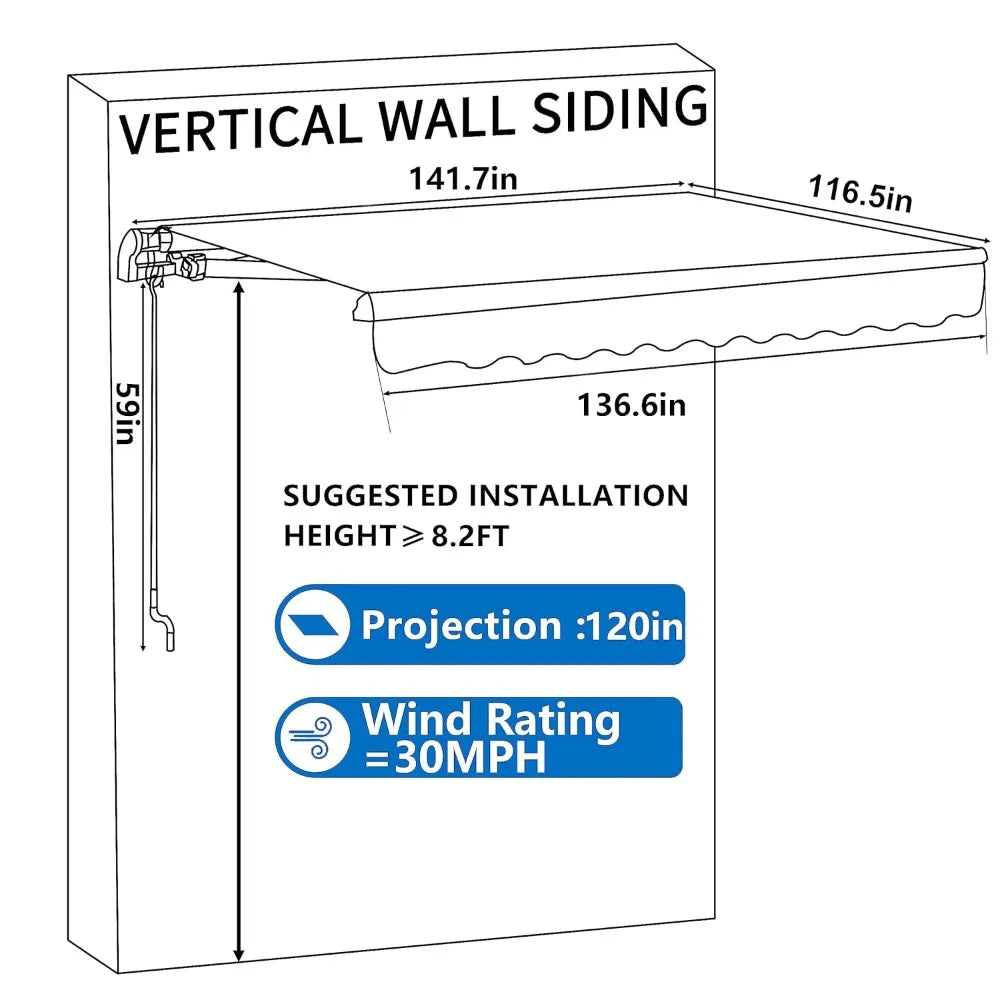 Retractable Aluminum Patio Awning With Crank Handle 12x10 Ft Canopy Adjustable 45 To 85 Degree Shade