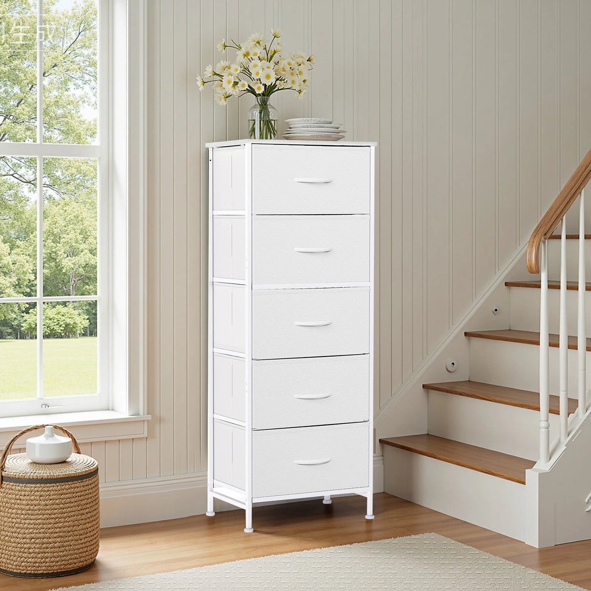 JHK Five Drawer Fabric Dresser Tall Bedroom Storage Organizer