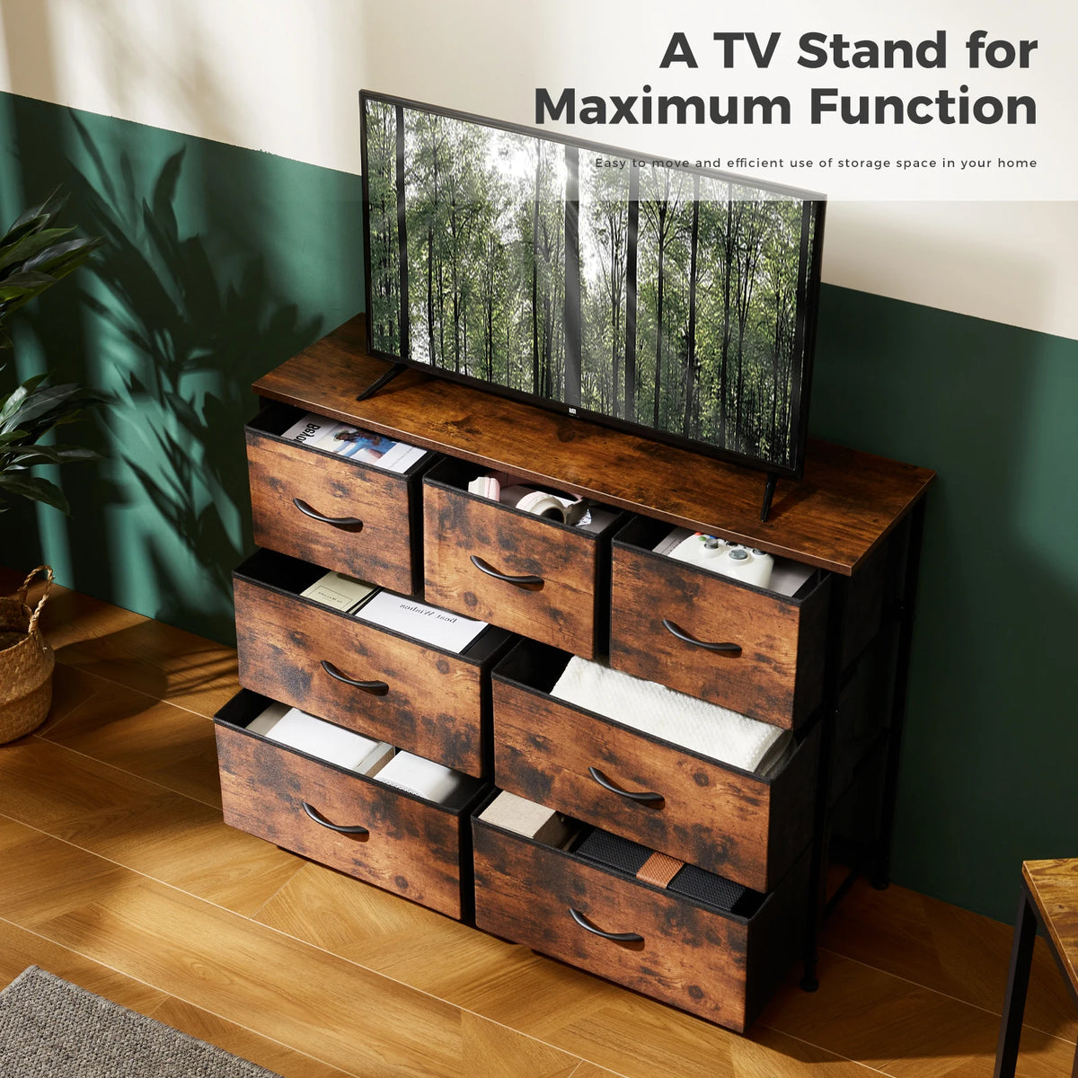 Six Compartment Fabric Storage Cabinet Organizer With Wooden Top Metal Frame