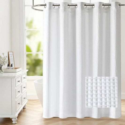Waffle Shower Curtain No Hooks With Snap In Liner Cotton Blend Fabric Hookless Bath Curtain