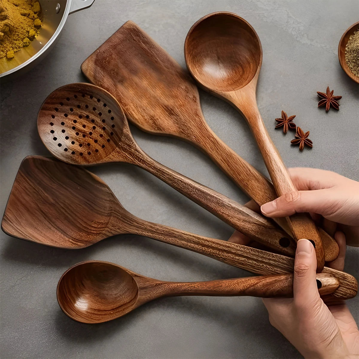 Five Piece Ergonomic Wooden Kitchen Utensils Set for Comfortable Cooking and Easy Prep