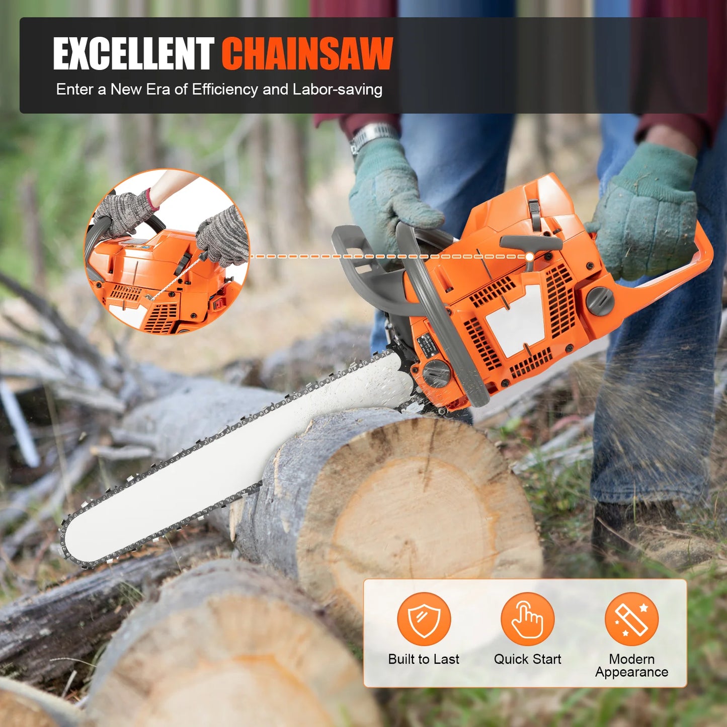 Gas Chainsaw 72cc 3900W 2-Stroke Handheld Wood Cutting