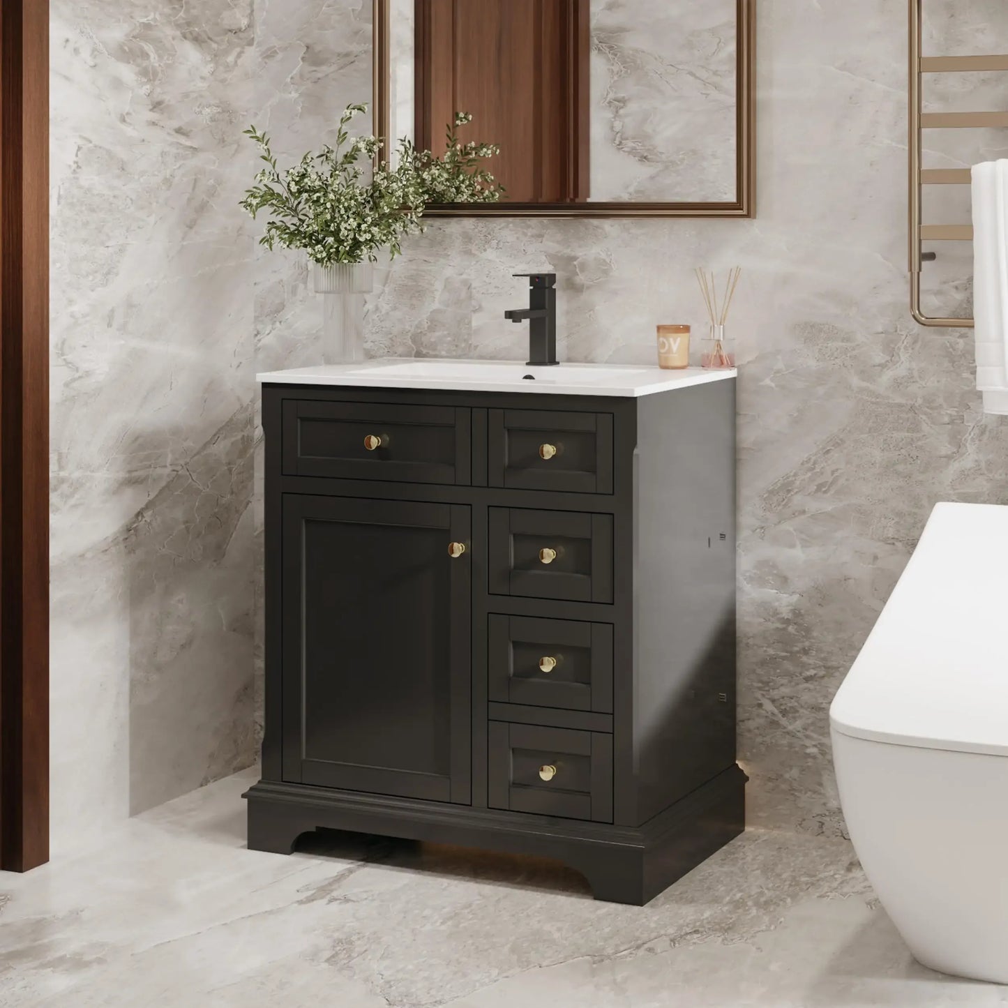 24" 30" 36" Painted Surface Raised Arch Feet Soft Closing Doors Vintage Bathroom Vanity Storage Cabinet with Sink