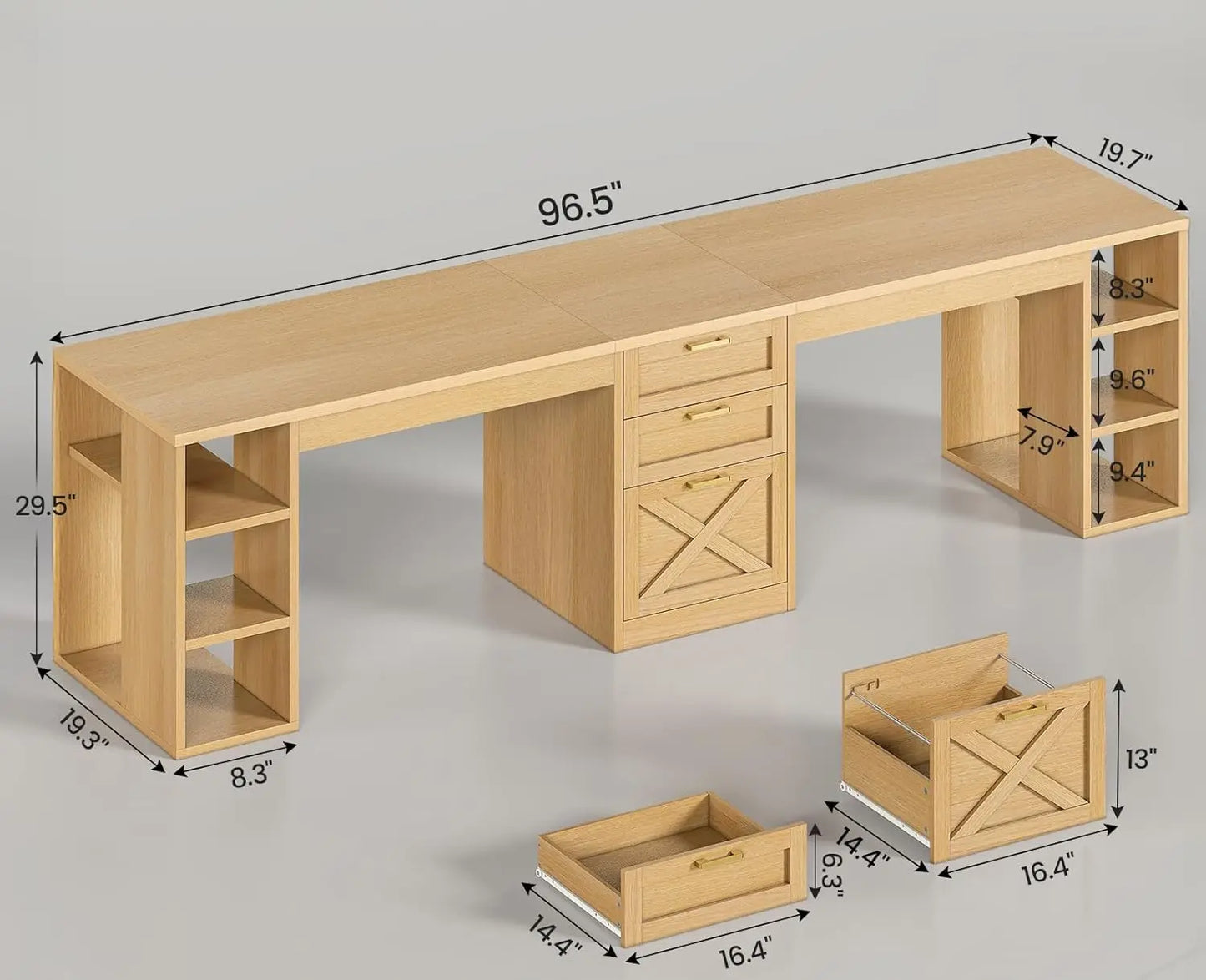 Farmhouse Office Desk For Two With Drawers And Printer Stand 96.5 Inch Wide Double Work Surface