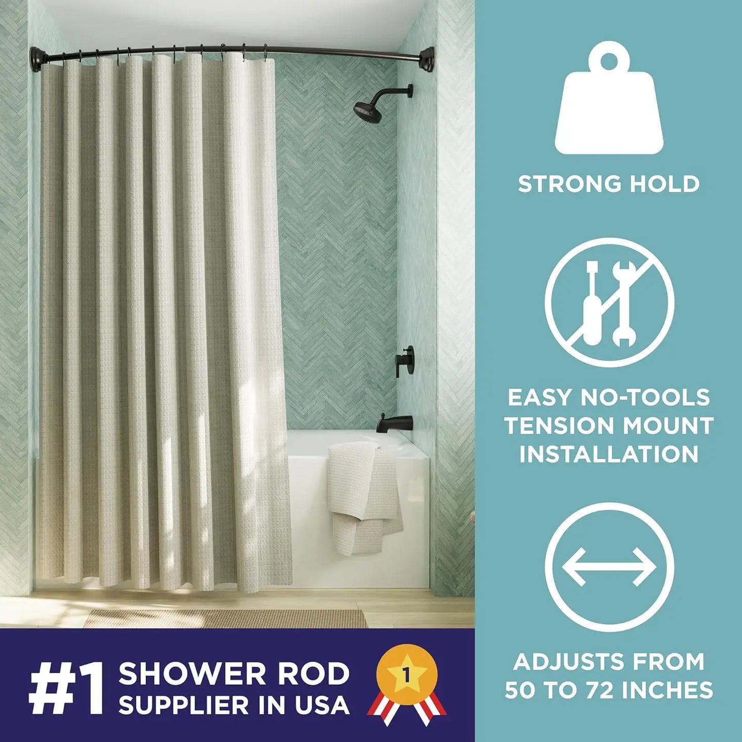 Curved No Drill Tension Shower Rod Rustproof For Bathroom Adds 6.5 Inches Of Interior Space Adjusts 50 To 72 Inches