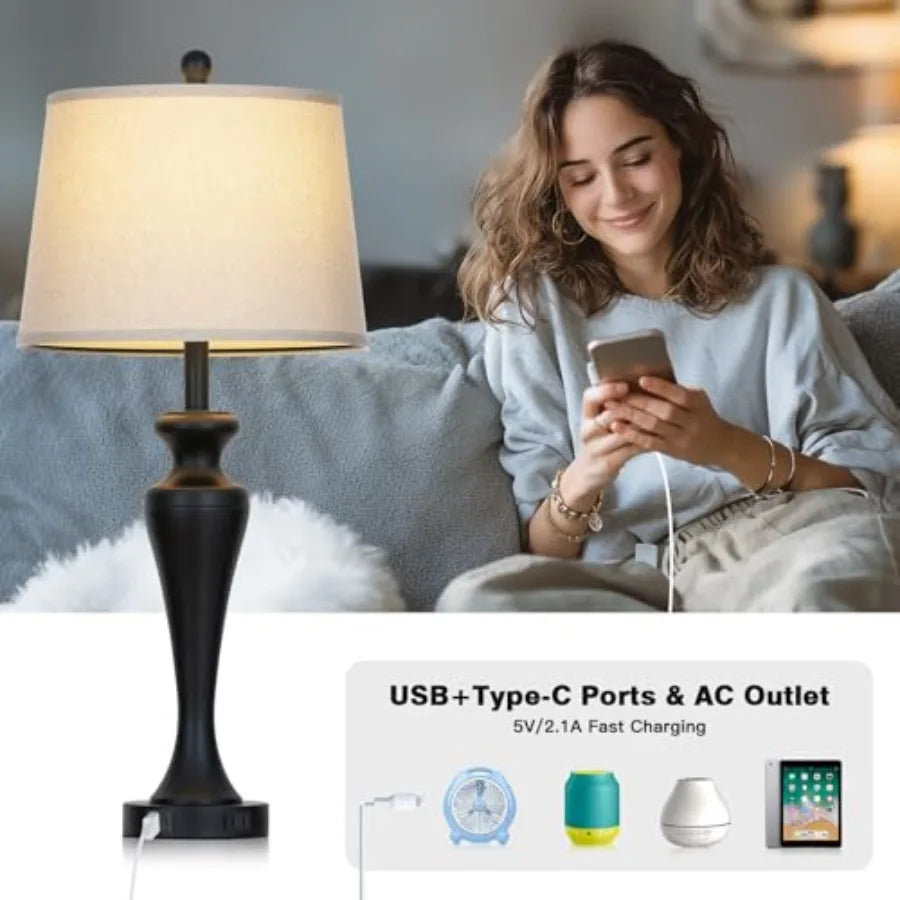 Solar Dimmable Touch Table Lamp With Built In USB And AC Outlet