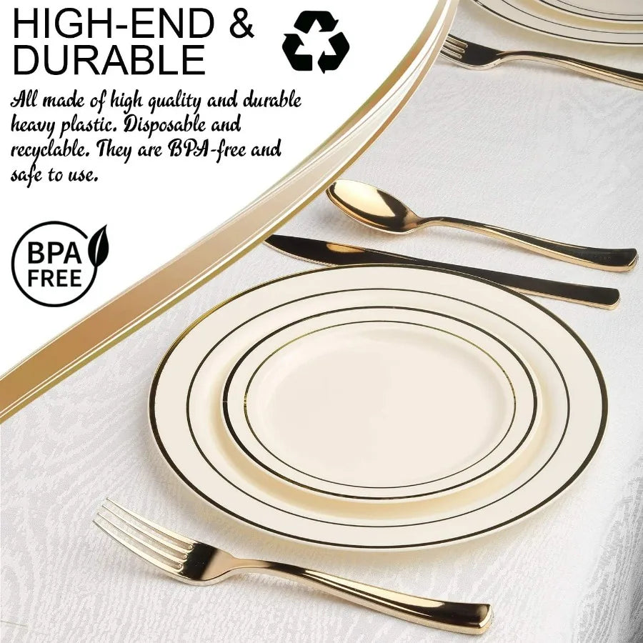 Combo Plate Set (Ivory with Gold, Wedding Value Set (60 Guests))