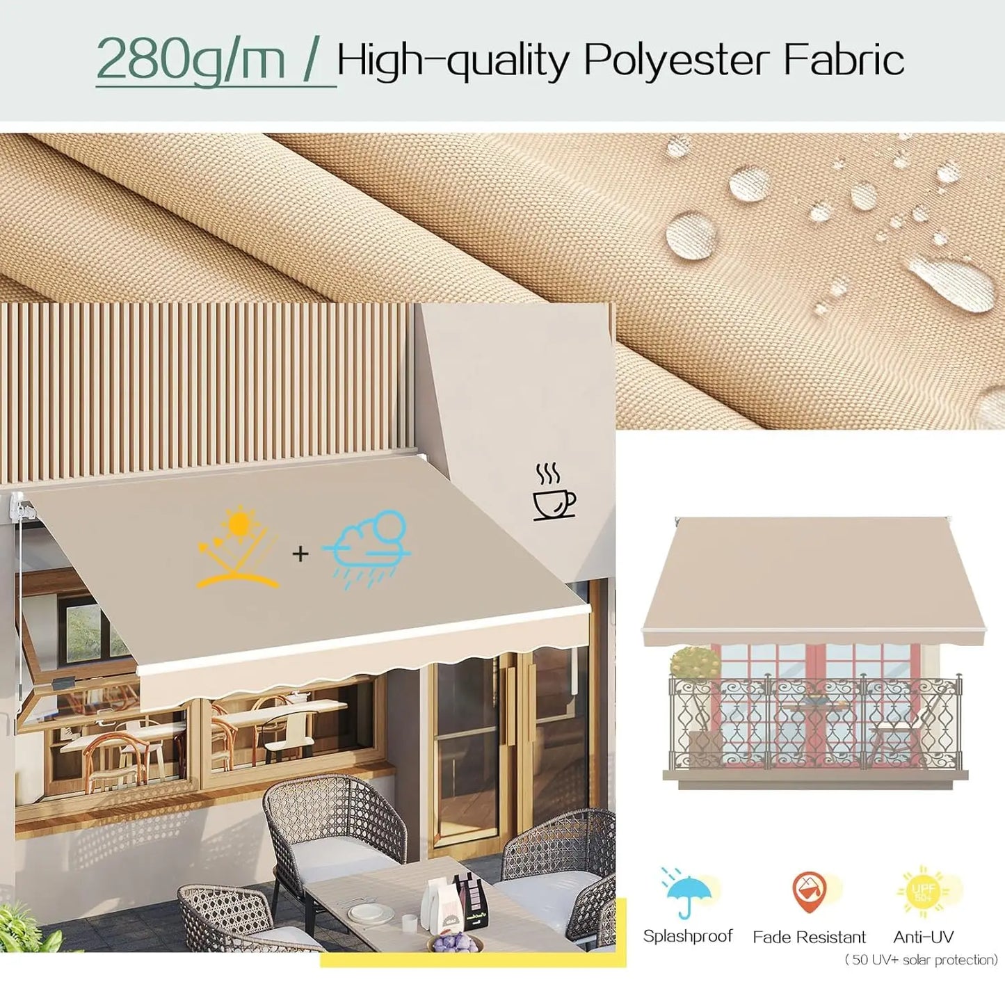 Manual Retractable Patio Awning Water Resistant Polyester Canopy And UV Protection And Rust Resistant Frame For Shade