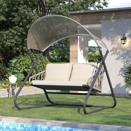 2-Seat Outdoor Porch Swing, Patio Swing with Hanging Glider Bench, Thickened Cushions and Pillow, Patio Hammock Lounge Chair, Ba