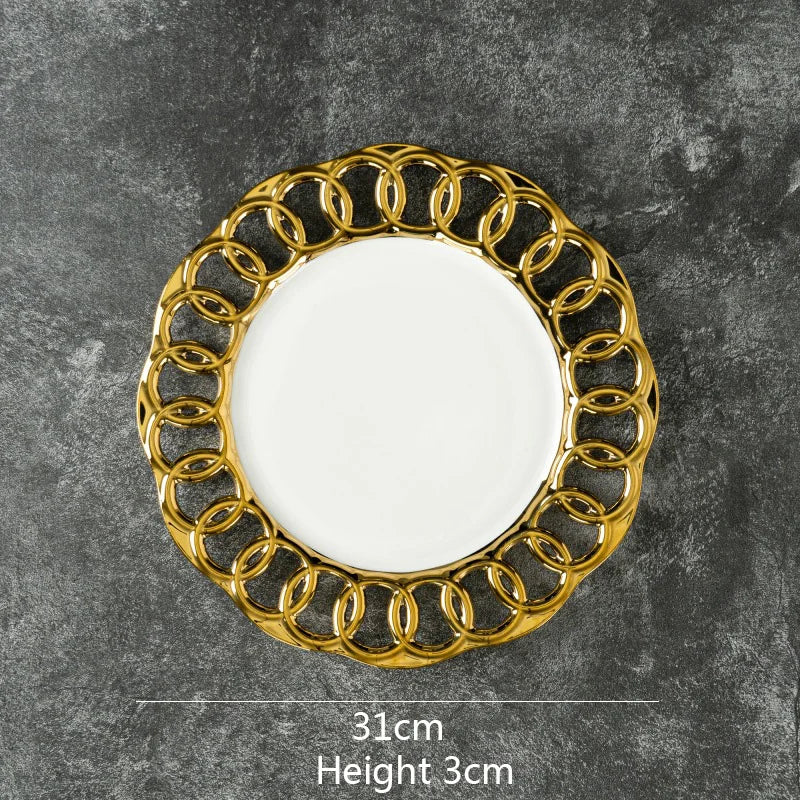 Gold Plated Hollow Out Ceramic Plate For Dining Table
