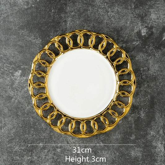 Gold Plated Hollow Out Ceramic Plate For Dining Table