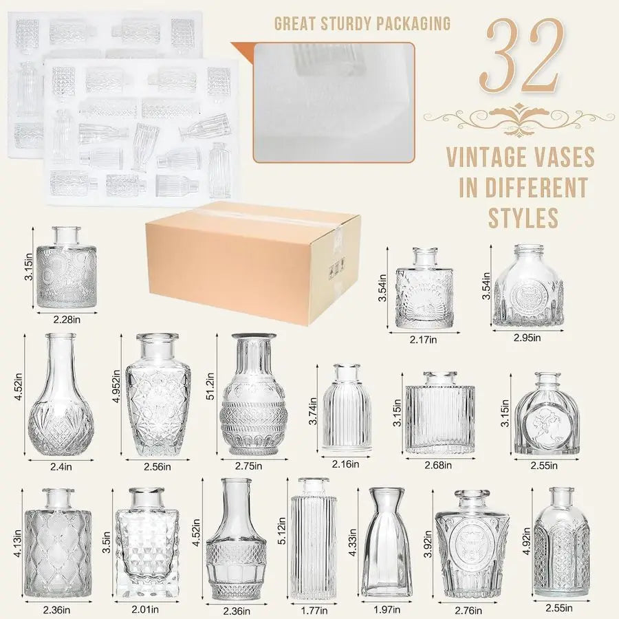 32 Piece Glass Bud Vase Set With Etched Patterns Vintage Charm For Weddings And Events Centerpiece Collection
