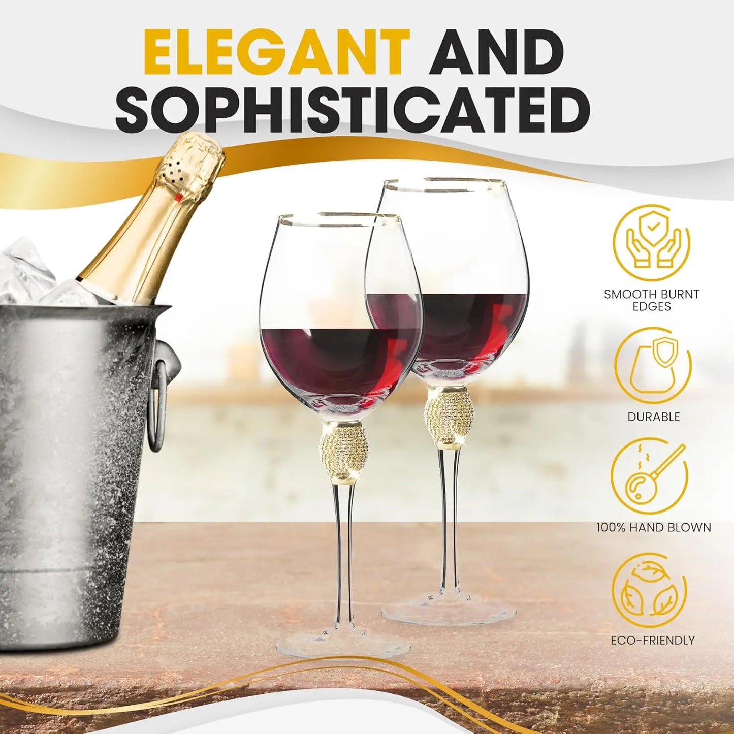Premium Crystal Wine Glasses Set Of 6 With Rhinestone Accents On Elongated Stem And Gold Plated Rim