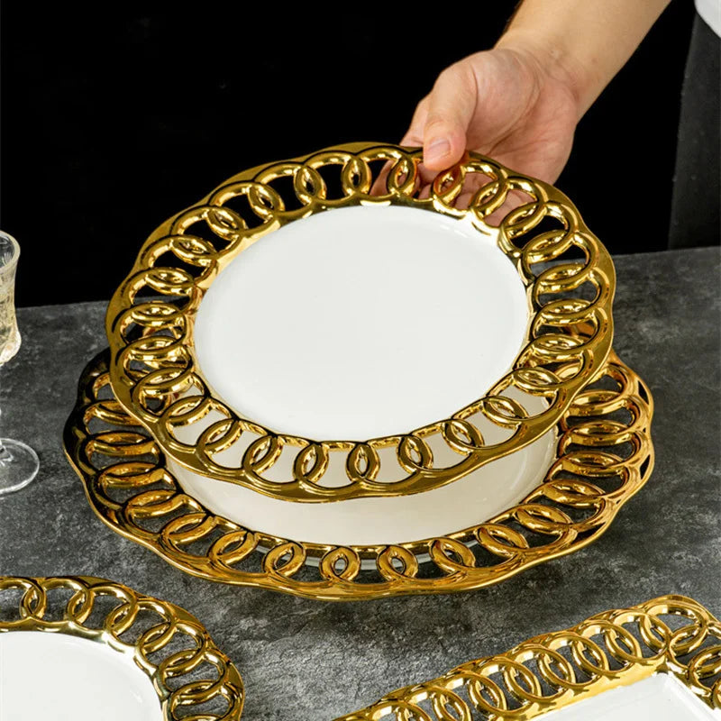 Gold Plated Hollow Out Ceramic Plate For Dining Table