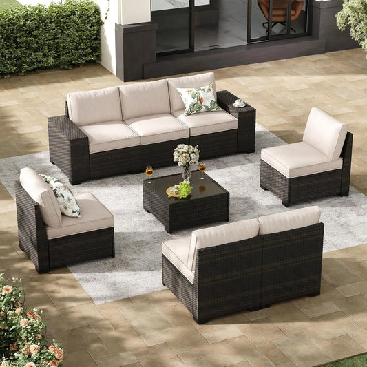 8-Piece Patio Furniture Set, All-Weather Outdoor Wicker Sectional Sofa with Cushions, Glass Table & Left and Right, Customized