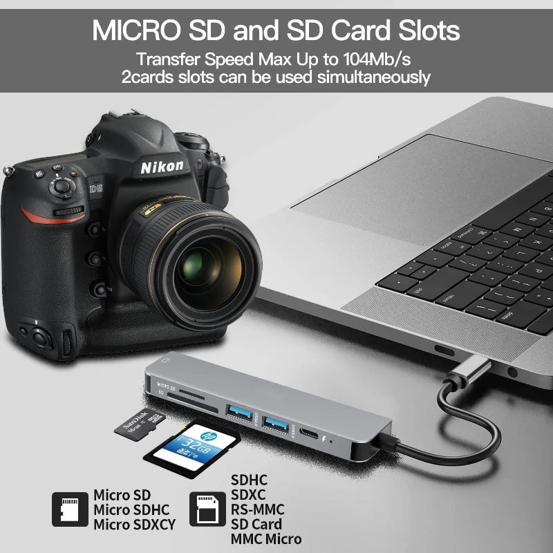 USB-C Six-Port Hub With 4K HDMI Dock, SD/TF Card Reader, USB-A Expansion And 87W PD