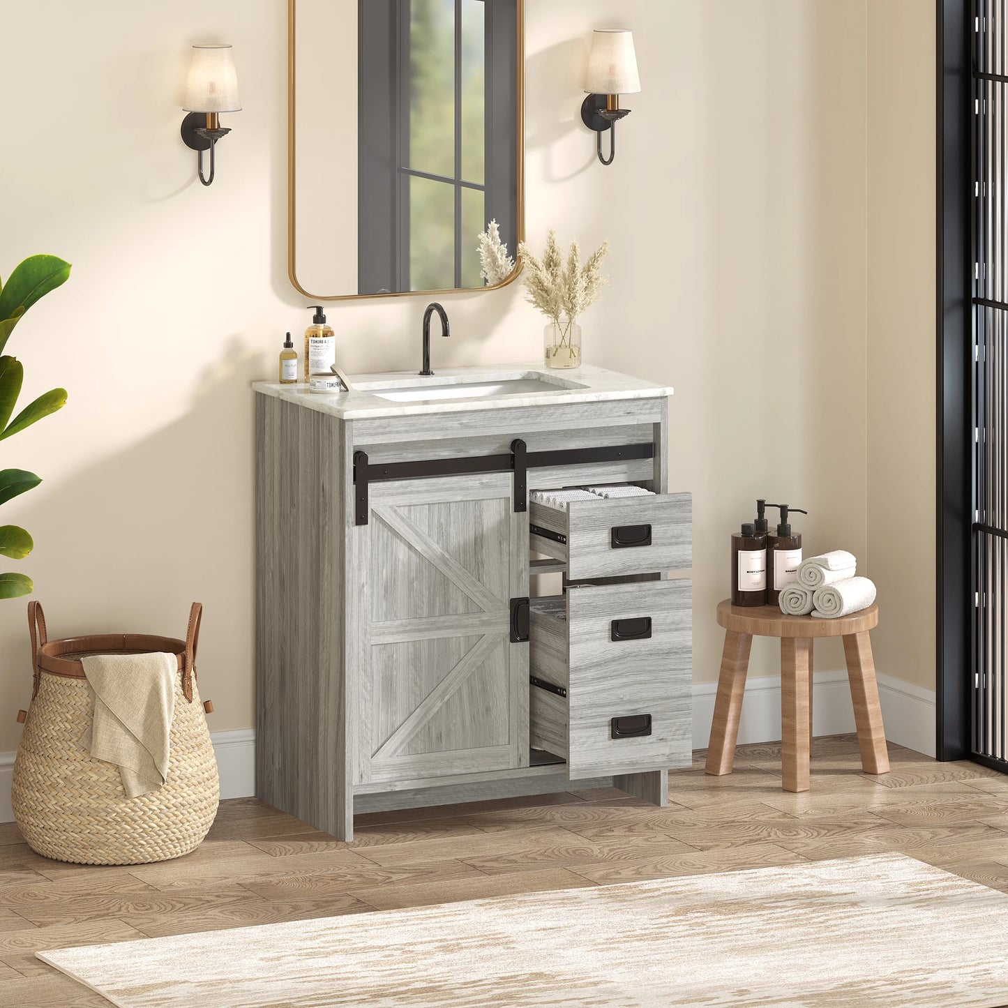 30" Farmhouse Single Bathroom Vanity with Ceramic Top, Sliding Barn Door Sink Vanity, Gray
