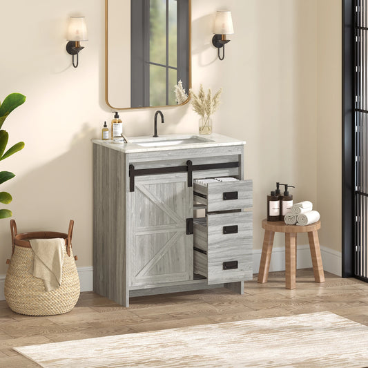 30" Farmhouse Single Bathroom Vanity with Ceramic Top, Sliding Barn Door Sink Vanity, Gray