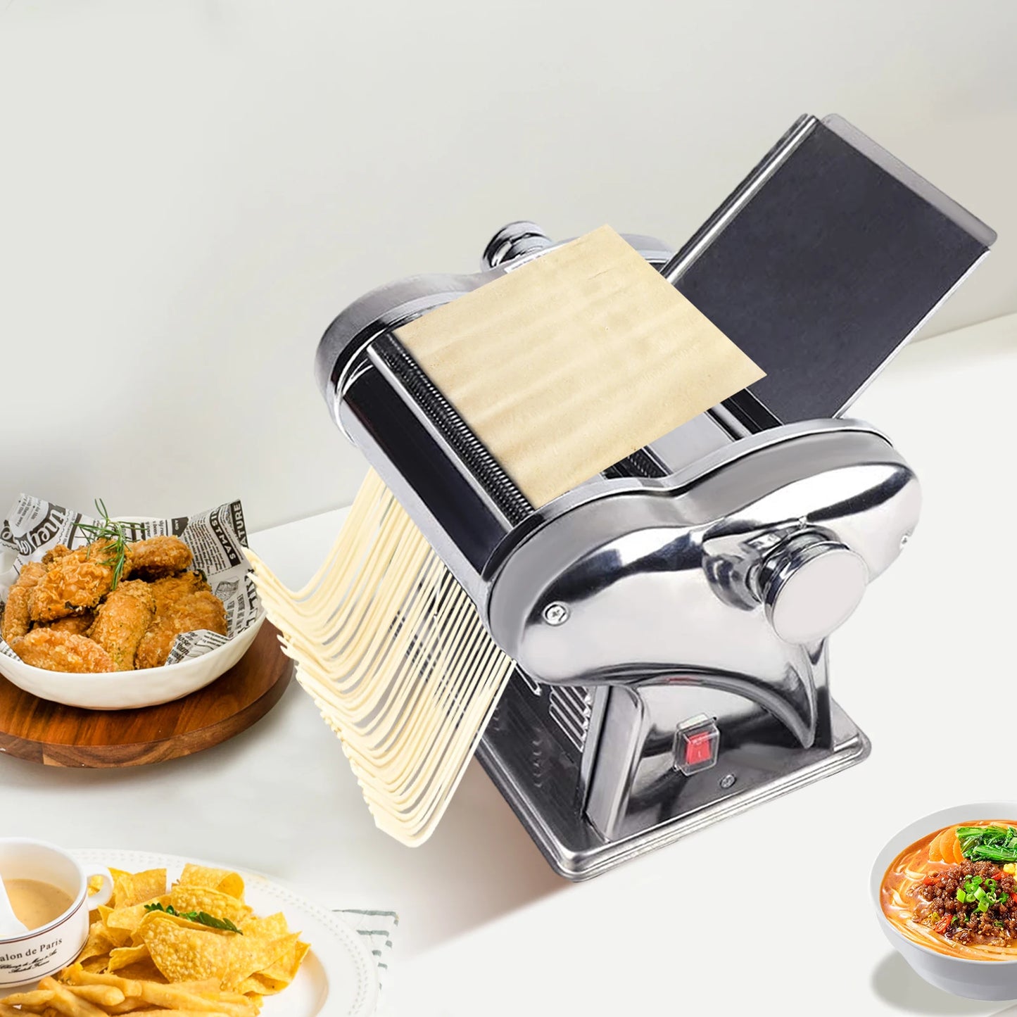 110V 135W Powerful Motor Automatic Noodle Machine, Fresh Pasta Dough Roller,410 Stainless Steel Electric Pasta Maker