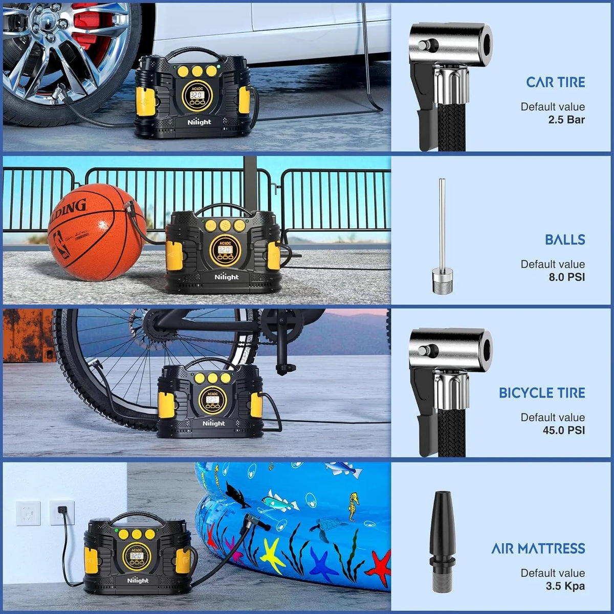 Nilight Portable Dual Power Tire Inflator 12V 110V Air Compressor For Car SUV Bicycle Fast Inflate Digital Pressure Gauge