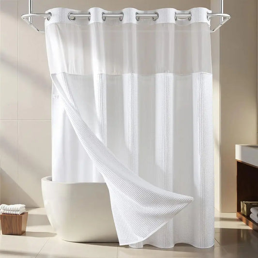 Polyester Shower Curtain Set With Snap In Replacement Liner And Split Rings No Tools Required 200Gsm Heavyweight Fabric