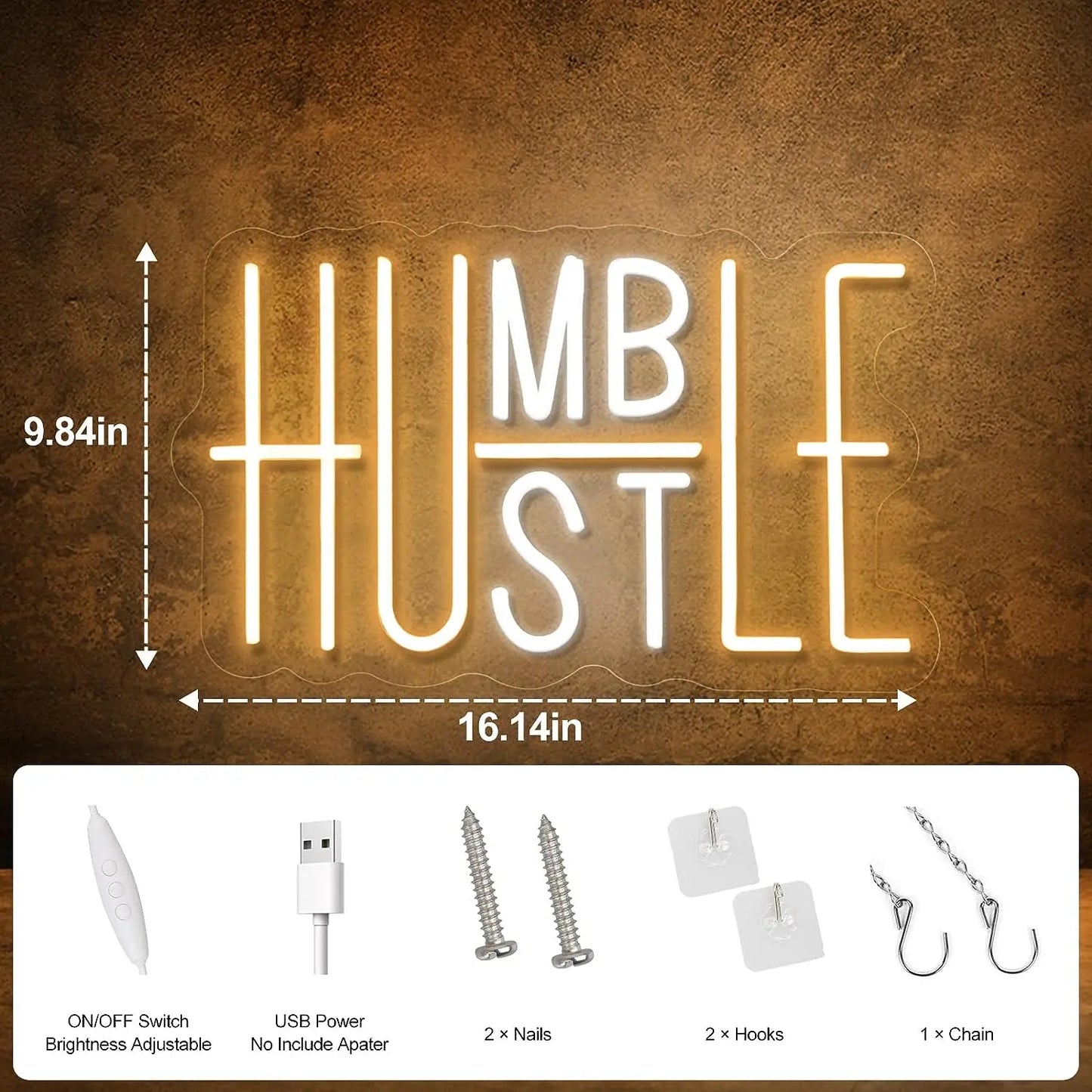 Hustle/Humble LED Neon Sign for Wall Decor,  USB Powered Switch Adjustable Brightness LED Neon Lights, for Office Room, Gym Room