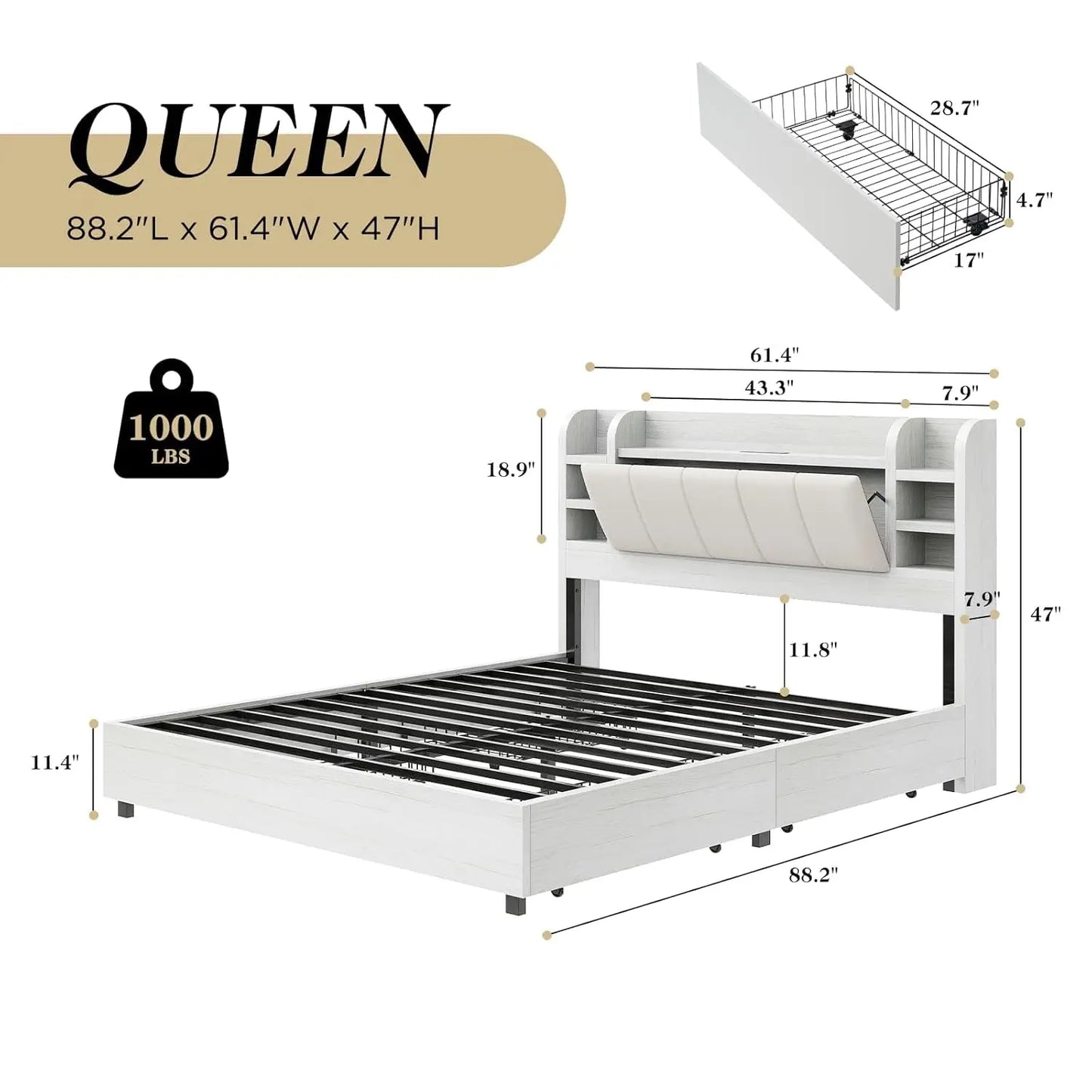 Storage Bed Frame With Charging Station And Bookcase Headboard With Hidden Storage Six Shelves Under Bed Storage