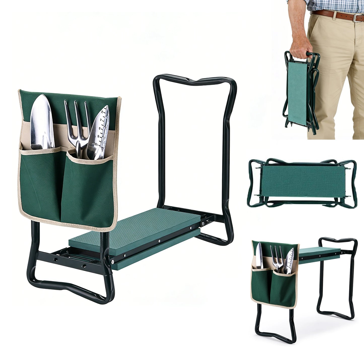 Collapsible 2 In 1 Garden Kneeler And Seat With Bag Flip Design Supports Up To 330 Lbs Folds Flat For Easy Storage