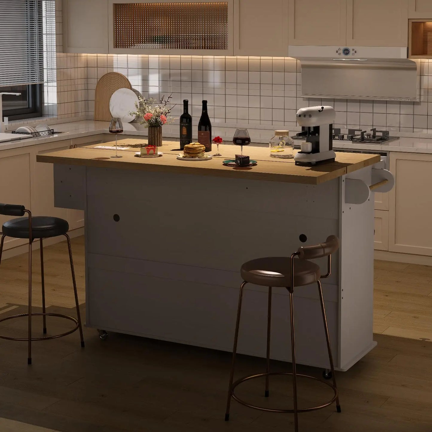 ONBRILL Mobile Kitchen Island Cart With Power Outlet SpiceRackWithTowelRackAndStorageDrawer