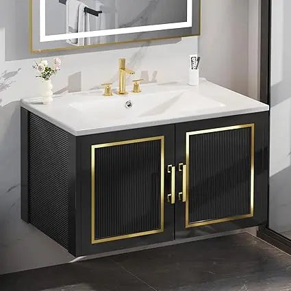 30" wall-mounted modern bathroom vanity with 2 soft-close cabinets and sink