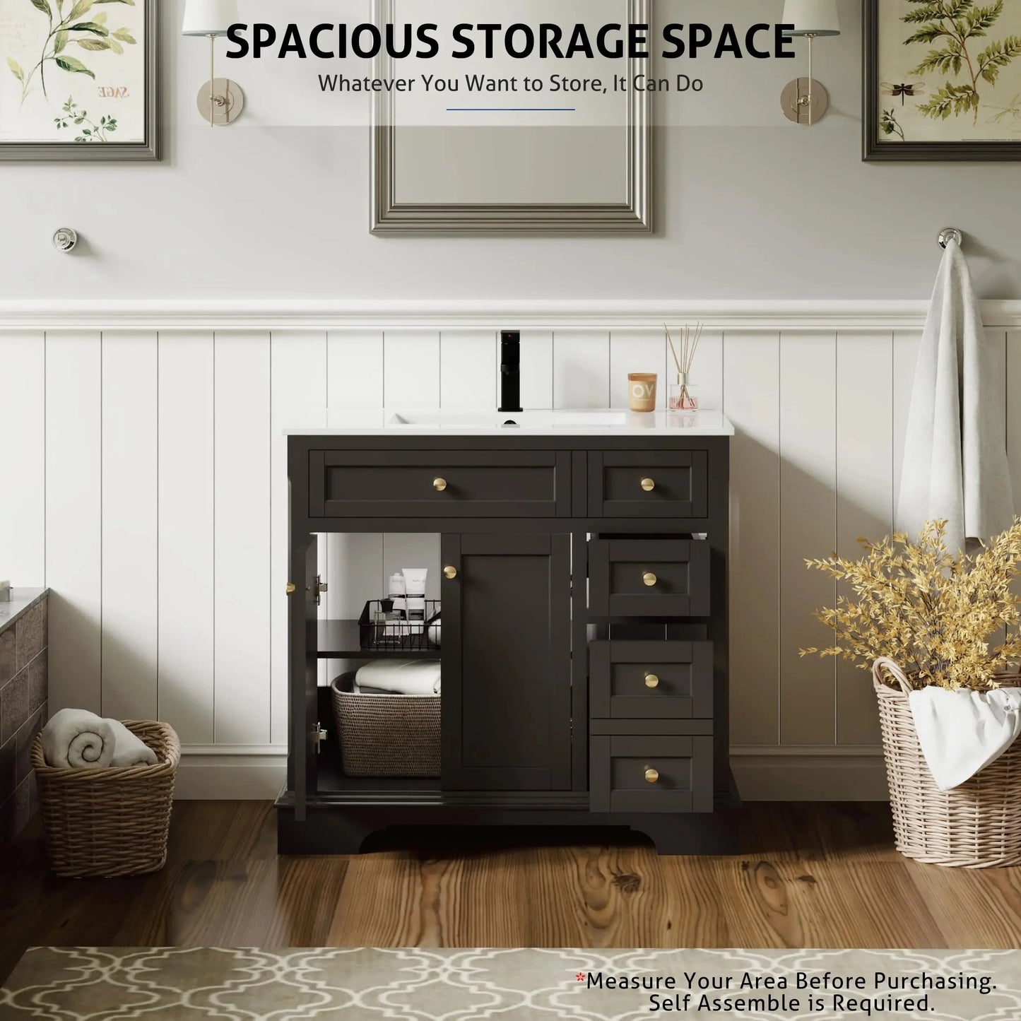 24" 30" 36" Painted Surface Raised Arch Feet Soft Closing Doors Vintage Bathroom Vanity Storage Cabinet with Sink