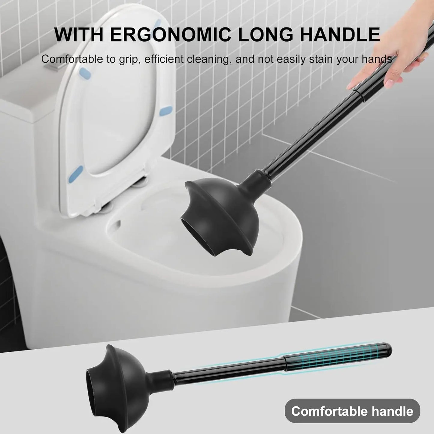 3-Pack Heavy Duty Toilet Brush and Plunger Set with Hidden Holder for Deep Bathroom Cleaning - Black
