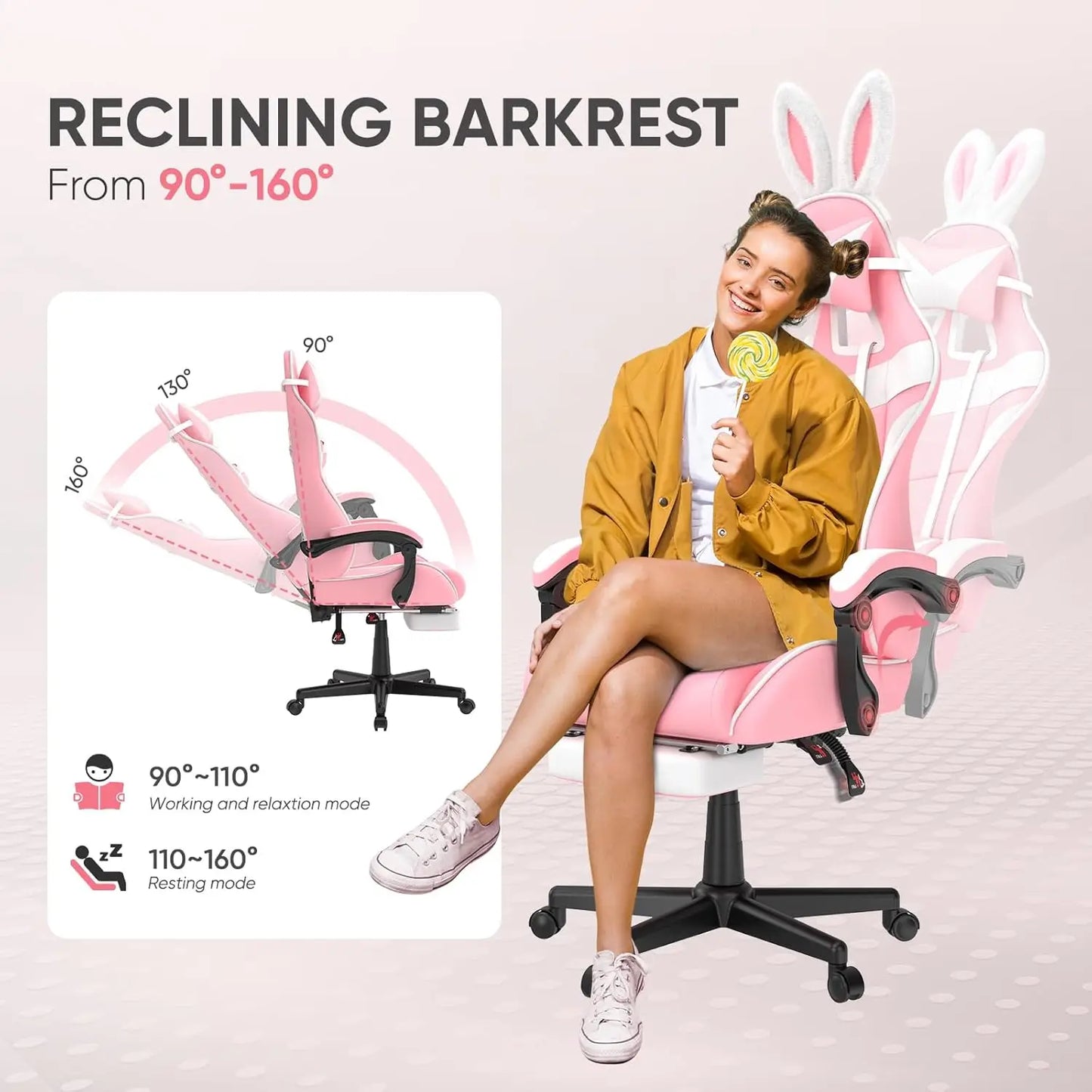 Pink Ergonomic Gaming Chair with Bunny Ears Footrest Headrest Lumbar Support for Home Office PC, Customized