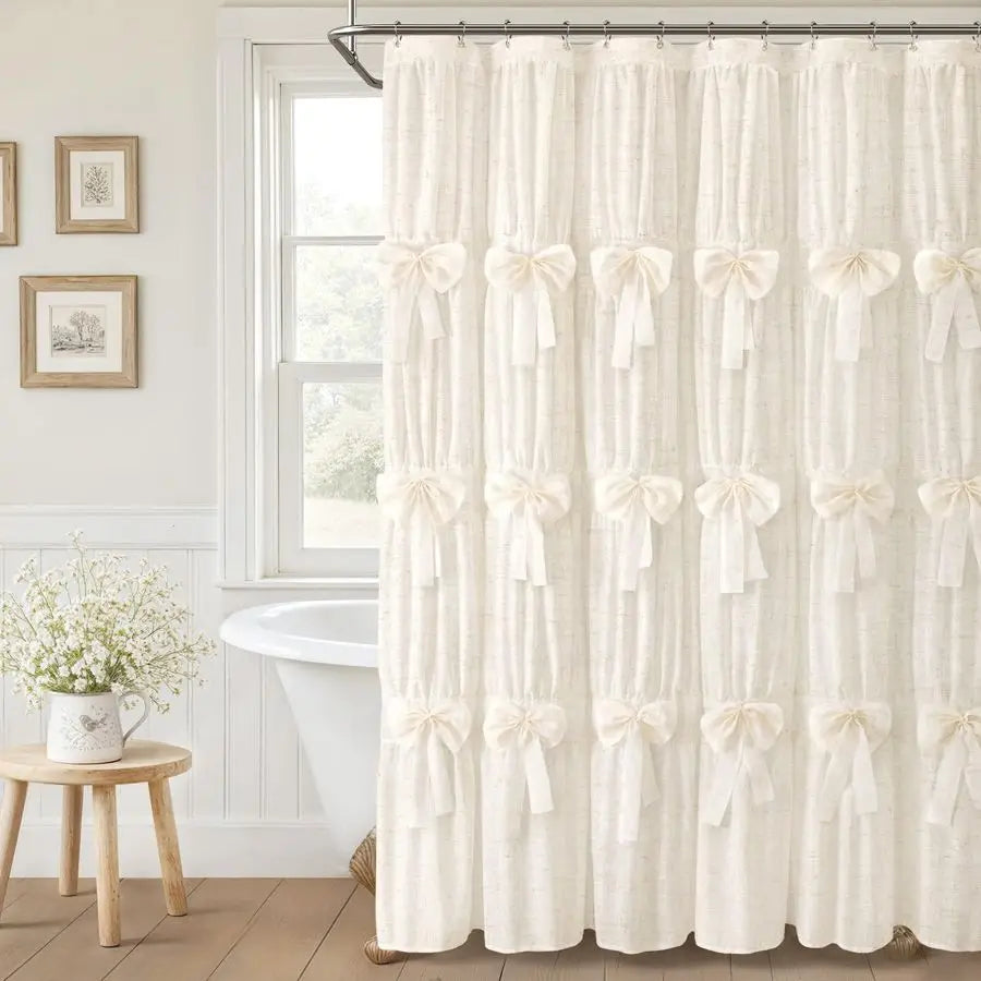 Farmhouse Vintage Ruffle Bow Shower Curtain Polyester Bathroom Decor With Timeless Charm
