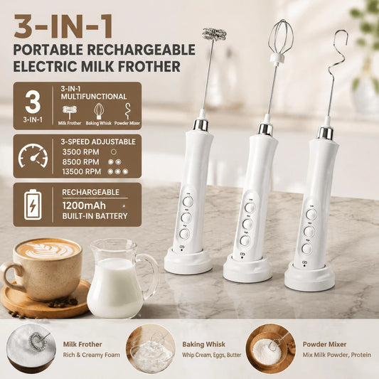 Stonego Electric Milk Frother Stainless Steel 3 Speed Rechargeable Foam Maker