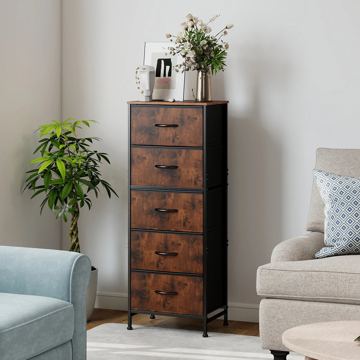 JHK Five Drawer Fabric Dresser Tall Bedroom Storage Organizer